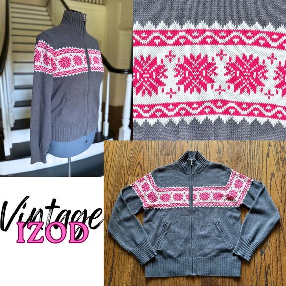 Vintage IZOD Pink Snowflake Fair Isle Zipper Winter Apres Ski Christmas Cabin - Picture 1 of 9